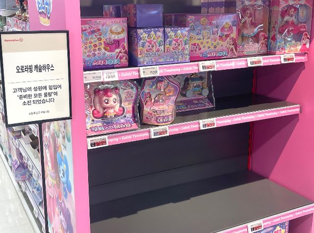 지난 24일 서울 등촌동 '홈플러스 메가 푸드 마켓 라이브' 강서점 완구 코너의 '슈팅스타 캐치! 티니핑 오로라핑 캐슬하우스' 매대가 텅 비어 있다. /사진=홈플러스 제공