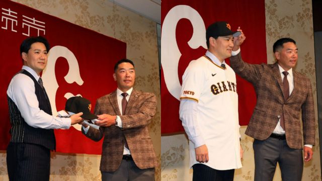 라쿠텐 레전드 다나카 마사히로가 일본 최고의 명문팀 요미우리 자이언츠의 유니폼을 입었다. 사진은 요미우리 자이언츠 유니폼을 입은 다나카 마사히로(왼쪽). /사진=요미우리 자이언츠 홈페이지 캡처