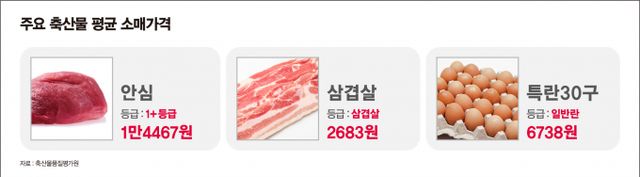 이번주 축산물은 소고기 안심 가격은 1.2%, 돼지고기 삼겹살 가격은 1.1% 올랐고 달걀 가격은 조금 올랐다./그래픽=김은옥 기자 