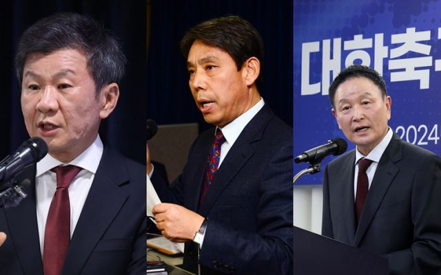 사진은 정몽규 대한축구협회 회장(왼쪽부터), 신문선 명지대학교 기록정보과학전문대학원 교수, 허정무 전 대전하나시티즌 이사장. /사진=뉴스1