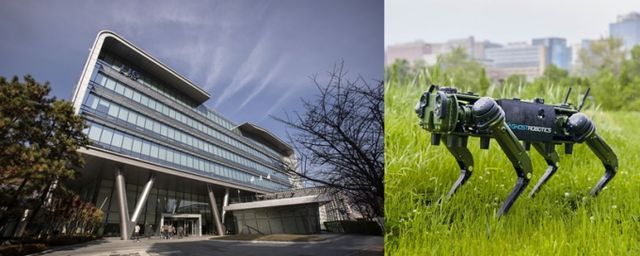 LIG넥스원 사옥(왼쪽)과 고스트로보틱스의 4족보행 로봇 '비전60'. /사진=LIG넥스원, 뉴스1(고스트로보틱스 홈페이지)