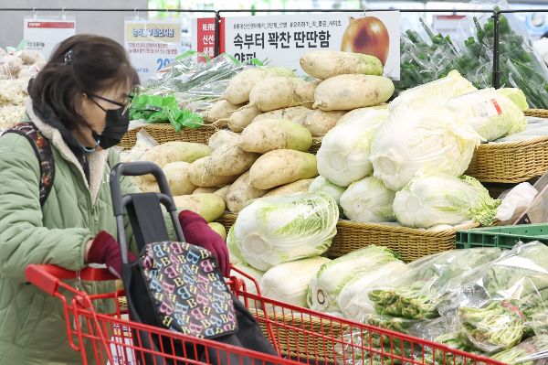 지난달 소비자물가가 지난해 동기 대비 1.5% 올랐다. 사진은 3일 서울의 한 대형마트 채소 코너에서 시민이 무와 배추를 고르는 모습. /사진=뉴스1