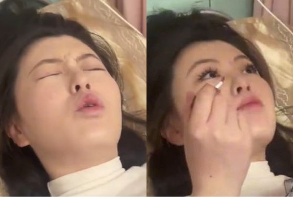 중국에서 출산을 앞둔 임산부가 진통을 참으면서 풀메이크업을 해 화제다. 사진은 여성이 진통을 겪으면서 화장하는 모습. /사진=현지 매체 캡처