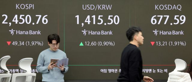 윤석열 대통령이 간밤 비상계엄을 선포했다 국회에 막혀 계엄을 해제한 4일 오전 서울 중구 하나은행 본점 딜링룸 전광판에 코스피와 코스닥 원·달러 환율 개장 시황이 표시되고 있다./사진=뉴스1