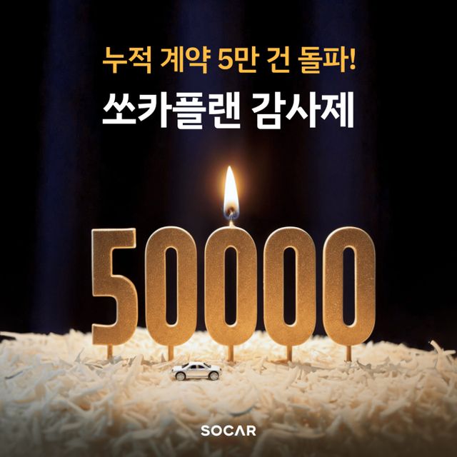 쏘카가 월 단위 차량 구독 서비스 '쏘카플랜'의 누적 계약 5만 건 돌파를 기념해 프로모션을 실시한다. /사진=쏘카 