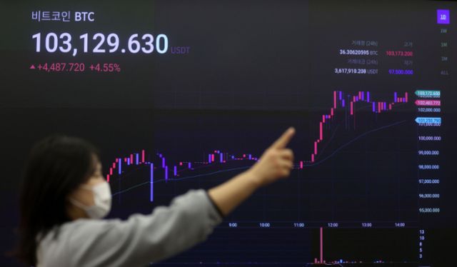 5일 서울 강남구 업비트 고객센터 시황판에서 비트코인 가격이 표시되고 있다./사진=뉴시스 김선웅 기자 