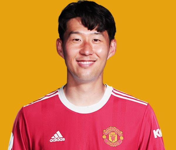 손흥민이 박지성의 뒤를 이을 맨체스터 유나이티드 선수가 될 가능성이 제기됐다. 사진은 기브미스포츠가 합성한 맨체스터 유나이티드 유니폼을 입은 손흥민 모습. /사진=기브미스포츠