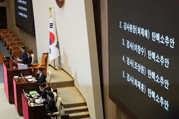 더불어민주당 등 야당이 5일 국회 본회의에서 이창수 서울중앙지검장 등 3명의 검사 탄핵소추안을 의결하며 이재명 더불어민주당 대표의 재판, 티메프 사태, 마약 관련 수사 등이 차질을 빚을 우려가 나오고 있다. 사진은 이날 국회에서 탄핵소추안 4건이 모두 가결되고 있는 모습. /사진=뉴시스
