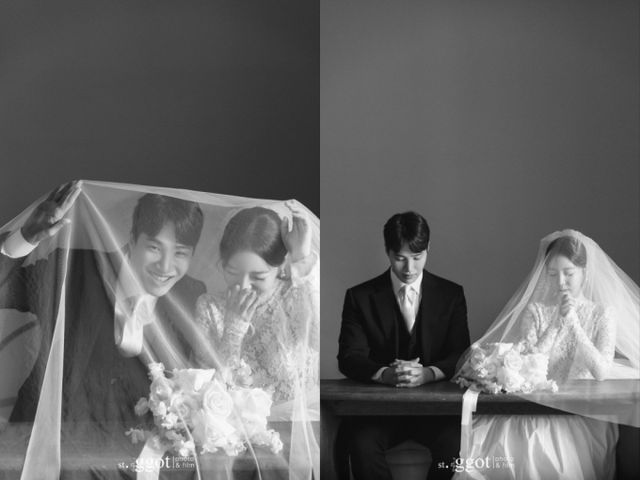 코미디언 김기리(39)와 배우 문지인(38)이 다음달 17일 결혼 소식을 알리며 웨딩 화보를 공개했다. /사진=심스토리 제공