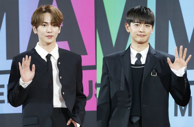 그룹 샤이니 멤버 키와 빈호가 SM엔터테인먼트와 재계약을 체결했다. 사진은 지난해 12월 인천 중구 인스파이어 아레나에서 열린 '멜론뮤직어워드'(MMA2023(MELON MUSIC AWARDS) 레드카펫 행사에 참석한 샤이니 멤버 키와 민호. /사진=뉴스1