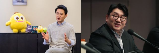 친척 관계인 방준혁 넷마블 의장(왼쪽)과 방시혁 하이브 의장. /사진=넷마블, 뉴스1