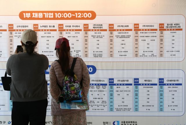 지난 4월12일 서울 양찬구 해누리타운에서 열린 2024굿잡 취업박람회를 찾은 구직자가 채용정보 게시판을 살펴보고 있다. / 사진=뉴스1 이광호 기자 