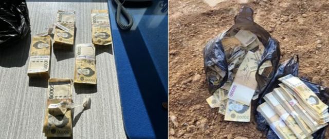 지난 4일에 현금 5000만원이 든 봉지가 나왔던 울산 남구 옥동의 한 아파트 화단에서 현금 2500만원이 추가로 발견돼 경찰이 수사중이다. 사진은 추가로 발견된 2500만원(오른쪽)과 앞서 발견된 5000만원(오른쪽) 모습. /사진=뉴스1 