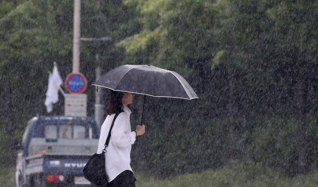 오는 22일 전국 대부분이 흐린 가운데 태풍 종다리의 영향으로 가끔 비가 오는 곳이 있을 전망이다. 사진은 지난 20일 대구 수성구 달구벌대로 담티고개 인근에 내린 많은 비를 뚫고 지나가는 시민의 모습. /사진=뉴스1