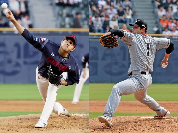 KBO리그 8위 롯데 자이언츠가 27일 한화 이글스와의 경기 선발투수로 박세웅을 예고했다. 사진은 지난 4월18일 서울 송파구 잠실야구장에서 열린 LG트윈스와 롯데 자이언츠 경기에 선발 등판한 롯데 박세웅(왼쪽)과 지난 4월10일 서울 송파구 잠실야구장에서 열린 한화 이글스와 두산 베어스의 경기에 등판한 한화 선발 투수 문동주. /사진=뉴시스(왼쪽), 뉴스1