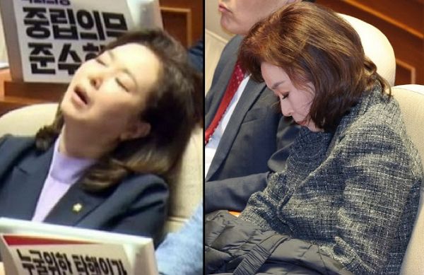 사진은 지난해 7월 국회 본회의장에서 '채상병 특별법' 통과를 막기 위한 필리버스터 진행 도중 잠이 든 모습(왼쪽)과 지난 9일 국회 긴급현안질문을 위한 본회의에서 잠이 든 모습(사진=국회의사중계시스템 캡처, 뉴시스)