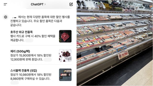 생성형 AI에게 대형 마트 할인 품목에 대해 묻자 질문자를 대신해 빠르게 검색해냈다. 사진은 챗GPT와 나눈 대화내용과 대형마트에서 직접 본 할인 품목을 대조해본 모습. /사진=최진원 기자