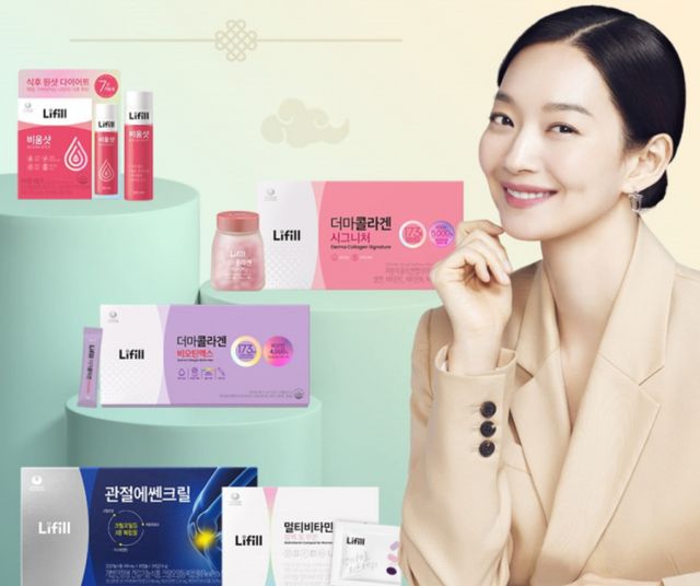 농심 건기식 브랜드 라이필이 원료와 제형을 차별화해 지난해 누적 1200억원 매출을 기록했다. 사진은 라이필 모델 배우 신민아와 제품군 이미지. /사진=라이필