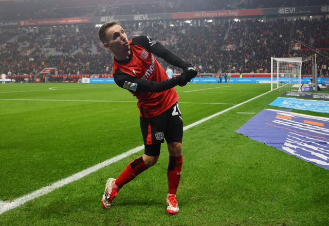 이재성과 홍현석이 출전한 마인츠가 레베쿠젠과의 경기에 0-1 석패했다. 사진은 독일 레베쿠젠 바이아레나에서 열린 마인츠와 레베쿠젠의 경기에서 결승골을 넣은 알렉한드로 그리말도가 환호하는 모습. /사진=로이터