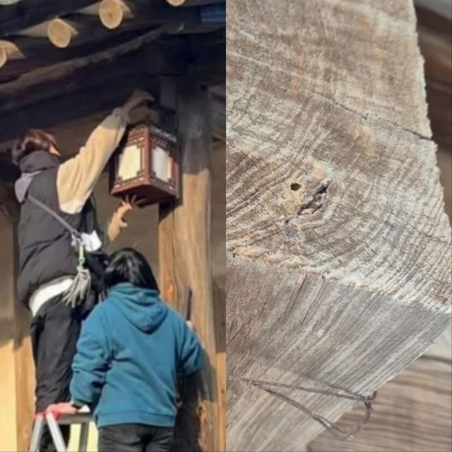 KBS가 문화재 훼손 논란을 일으킨 드라마 '남주의 첫날밤을 가져버렸다' 병산서원 촬영분을 폐기한다. 사진은 병산서원에 초롱을 달고 있는 KBS드라마 촬영팀(왼쪽), 못자국으로 훼손된 병산서원 기둥의 모습. /사진=뉴스1(안동시 제공)