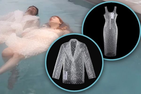 한 패션 브랜드가 뽁뽁이로 '버블 재킷'과 '버블 드레스'를 만들었다. 사진은 뽁뽁이로 만든 의상을 입은 모델들의 모습. /사진=SCMP 캡처