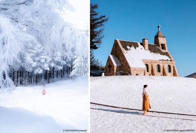한국관광공사가 강원도 평창의 설경 명소를 소개했다. 사진은 선자령(왼쪽)과 실버벨 교회. /사진=한국관광공사