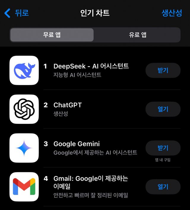 28일 업계에 따르면 딥시크 앱은 이날 정오 기준 앱스토어 무료 앱 다운로드 순위 1위를 차지했다. /사진=앱스토어 캡쳐 