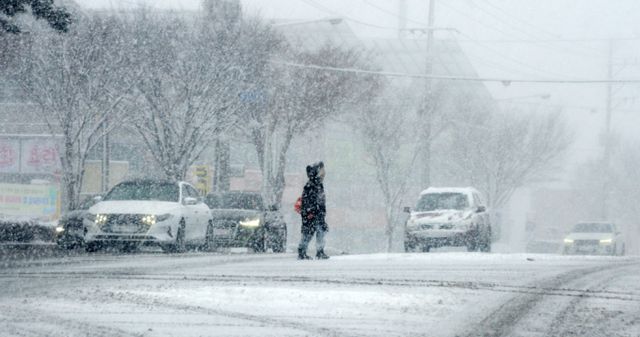  전역에 대설특보가 발효된 28일 전북 전주시 덕진구 호성동 동부대로에서 한 시민이 눈 쌓인 길을 지나고 있다./사진=뉴시스