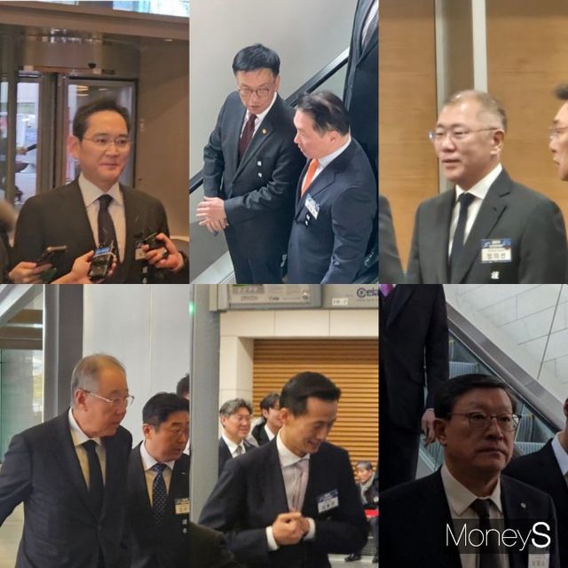 서울 중구 대한상의 회관에서 열린 '2025년 신년인사회'에 (왼쪽부터 시계방향) 이재용 삼성전자 회장, 최상목 대통령 권한대행, 최태원 SK그룹 회장, 정의선 현대자동차그룹 회장, 허태수 GS그룹 회장, 김동관 한화그룹 부회장, 류진 한국경제인협회 회장 등이 참석했다. /사진=최유빈 기자