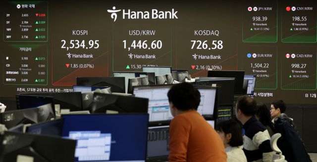 코스피와 코스닥지수가 하락 출발한 31일 오전 서울 중구 하나은행 딜링룸 전광판에 지수가 표시되고 있다./사진=뉴시스