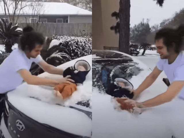 미국에서 생후 3개월 아기로 자동차 유리창에 쌓인 눈을 치우는 남성의 영상이 온라인상에 퍼져 당국이 조사에 나섰다. /사진=미국 텍사스 KFDM 갈무리