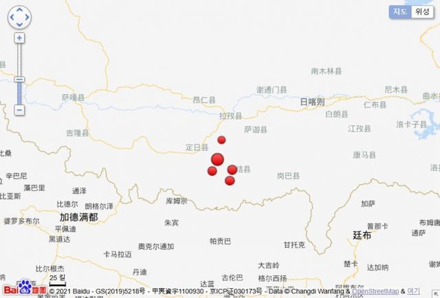 중국 서부 티베트 지역에서 규모 6.8 이상의 강도 높은 지진이 발생했다. 지도는 지진이 난 곳으로 추정되는 위치./사진=중국지진대망 홈페이지