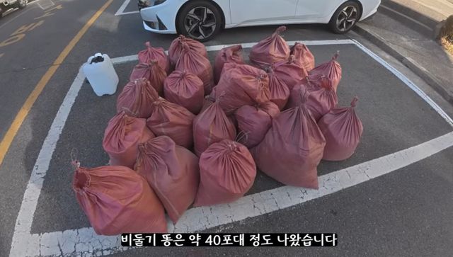 사진은 청년 3명이 걷어낸 비둘기 배설물, 깃털을 담은 폐기물 마대자루. /사진=유튜브 채널 '생존' 캡처