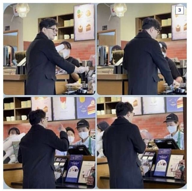 한동훈 전 국민의힘 대표가 사퇴하고서 첫 목격담이 나왔다. 사진은 강남 스타벅스에서 목격된 것으로 전해진 한동훈 전 국민의힘 대표. /사진=네이버카페 '위드후니' 캡처