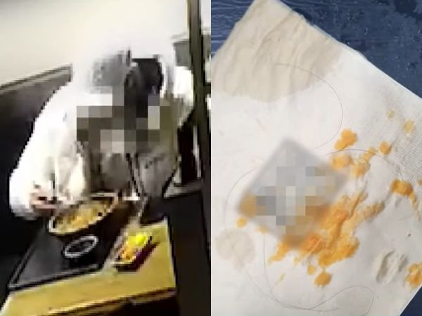 식사하던 남성이 자기 머리카락을 뽑아 짬뽕에 넣은 뒤 환불을 요구해 논란이다. 사진은 짬뽕을 먹다 머리카락을 뽑는 남성과 그가 뽑은 머리카락의 모습. /사진=JTBC '사건반장' 캡처