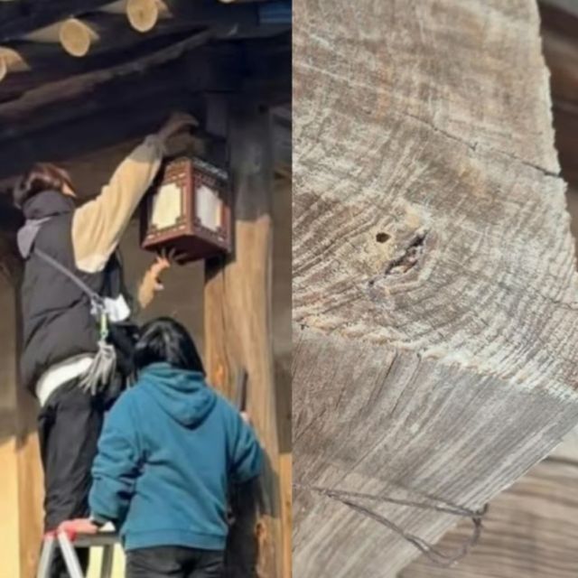 병산서원을 훼손한 혐의로 한국방송(KBS) 드라마팀 관계자 3명이 검찰에 넘겨졌다. 사진은 병산서원에 초롱을 달고 있는 KBS드라마 촬영팀(왼쪽), 못자국으로 훼손된 병산서원 기둥의 모습. /사진=뉴스1(안동시 제공)