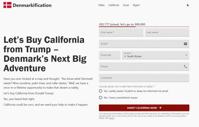 도널드 트럼프 미국 대통령이 덴마크령인 그린란드를 매입 발언에 분노한 덴마크인들이 미국 캘리포니아주 구매 운동을 시작했다. 사진은 미국 캘리포니아주 구매 운동 사이트인 '덴마키피케이션' 홈페이지. /사진='덴마키피케이션' 홈페이지 캡처