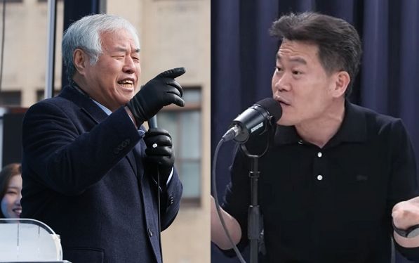 전광훈 사랑제일교회 목사가 전한길 한국사 강사를 비난했다. 사진은 연설 중인 전광훈 사랑제일교회 목사와(왼쪽) 한국사강사 전한길 모습. /사진=뉴스1, 채널A 유튜브 채널 캡처