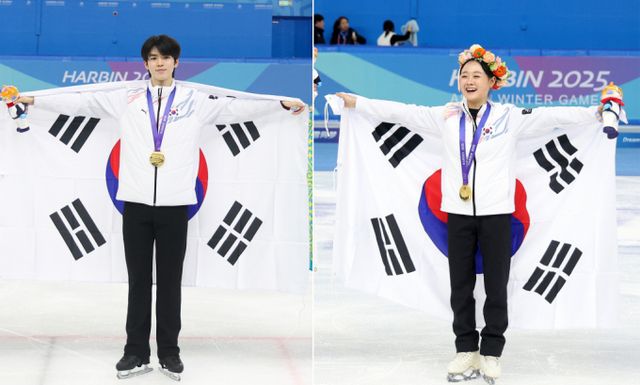 한국 대표팀이 2025 하얼빈동계올림픽에서 일본을 꺾고 종합 2위를 달성했다. 사진은 지난 13일(현지시각) 중국 하얼빈 헤이룽장 빙상훈련센터에서 열린 2025 하얼빈동계아시안게임 남녀 피겨스케이팅 싱글 종목에서 금메달을 차지한 김채연(오른쪽)과 차준환의 모습. /사진=뉴시스