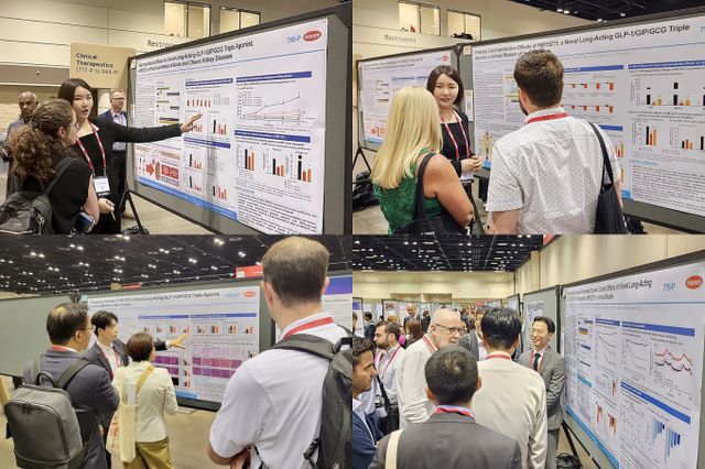 지난해 6월 미국 당뇨병학회에서 차세대 비만치료 삼중작용제(코드명: HM15275) 연구 내용이 담긴 포스터를 설명하는 한미약품 R&D센터 연구원. /사진=한미약품