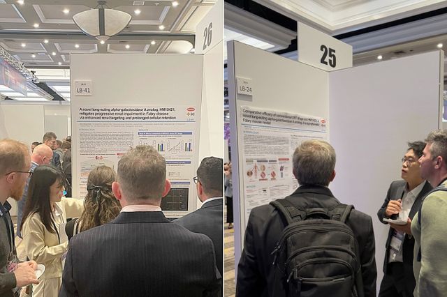한미약품이 파브리병 치료제 'LA-GLA'(코드명: HM15421/GC1134A) 관련 비임상 연구 결과 3건을 포스터로 발표했다. 사진은 파브리병 혁신신약 발표 모습. /사진=한미약품
