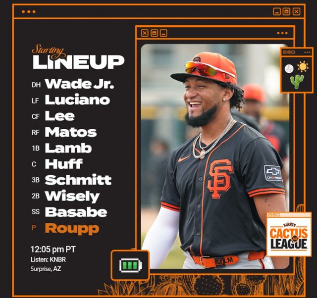 이정후(샌프란시스코 자이언츠)가 부상 후 첫 실전에서 안타를 생산했다. 사진은 텍사스 레인저스와의 시범경기 라인업에 이름을 올린 이정후. /사진=샌프란시스코 자이언츠 구단 공식 엑스(X·옛 트위터)