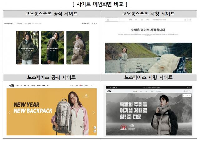 유명 아웃도어 브랜드를 사칭하는 해외쇼핑몰 주의가 내려졌다. 사진은 사칭 해외쇼핑몰 사례. /사진=뉴스1(한국소비자원 제공)