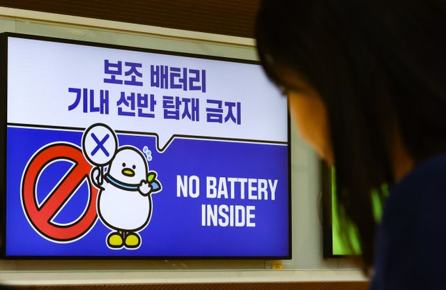 다음달 1일부터 항공기 탑승시 기내에 반입되는 보조배터리와 전자담배 등에 대한 기내반입이 강화된다. 사진은 지난 19일 서울 강서구 김포국제공항 국내선 청사의 에어부산 탑승수속 카운터에 보조 배터리의 기내 선반 탑재 금지를 알리는 안내물이 비치된 모습. /사진=뉴시스