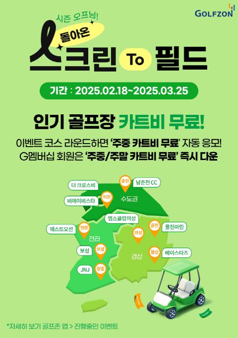 골프존이 전국 9개 인기 골프장의 카트비를 지원받을 수 있는 '스크린 to 필드 이벤트'를 진행한다. /사진=골프존