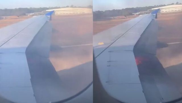 이륙을 준비하던 뉴욕행 유나이티드 항공 여객기에서 화재가 발생했다. 사진은 유나이트 항공 여객기 날개에 불이 난 모습/사진='FOX26' 유튜브 갈무리