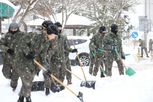 전북 고창과 정읍이 폭설로 인해 대설주의보가 경보로 격상됐다. 사진은 지난달 29일 전북자치도 진안군 진안읍에서 35사단 7733부대 대원들이 제설작업을 하는 모습. /사진=뉴스1(진안군제공)