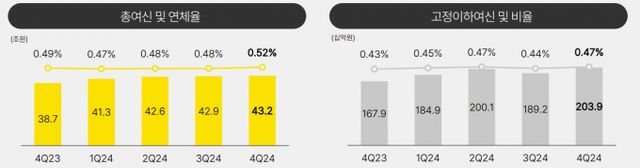 카카오뱅크 총여신 및 연체율, 고정이하여신 및 비율 추이/그래프=카카오뱅크