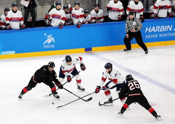 한국 남자 아이스하키 대표팀이 2025 하얼빈동계아시안게임 개막일에 펼쳐진 '한일전'에서 승리했다. 사진은 7일(현지시각) 중국 하얼빈체육대학 학생빙상장에서 열린 2025 하얼빈동계아시안게임 아이스하키 남자 조별예선 A조 대한민국과 일본의 경기에서 선수들이 퍽을 다투고 있는 모습. /사진=뉴시스