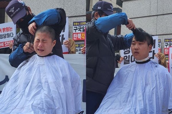 사진은 서울시 종로구 헌법재판소 앞에서 27세 이지언씨(왼쪽), 27세 정명진씨(오른쪽)가 윤석열 대통령의 탄핵 기각을 촉구하며 삭발식에 동참하고 있는 모습. /사진=뉴스1